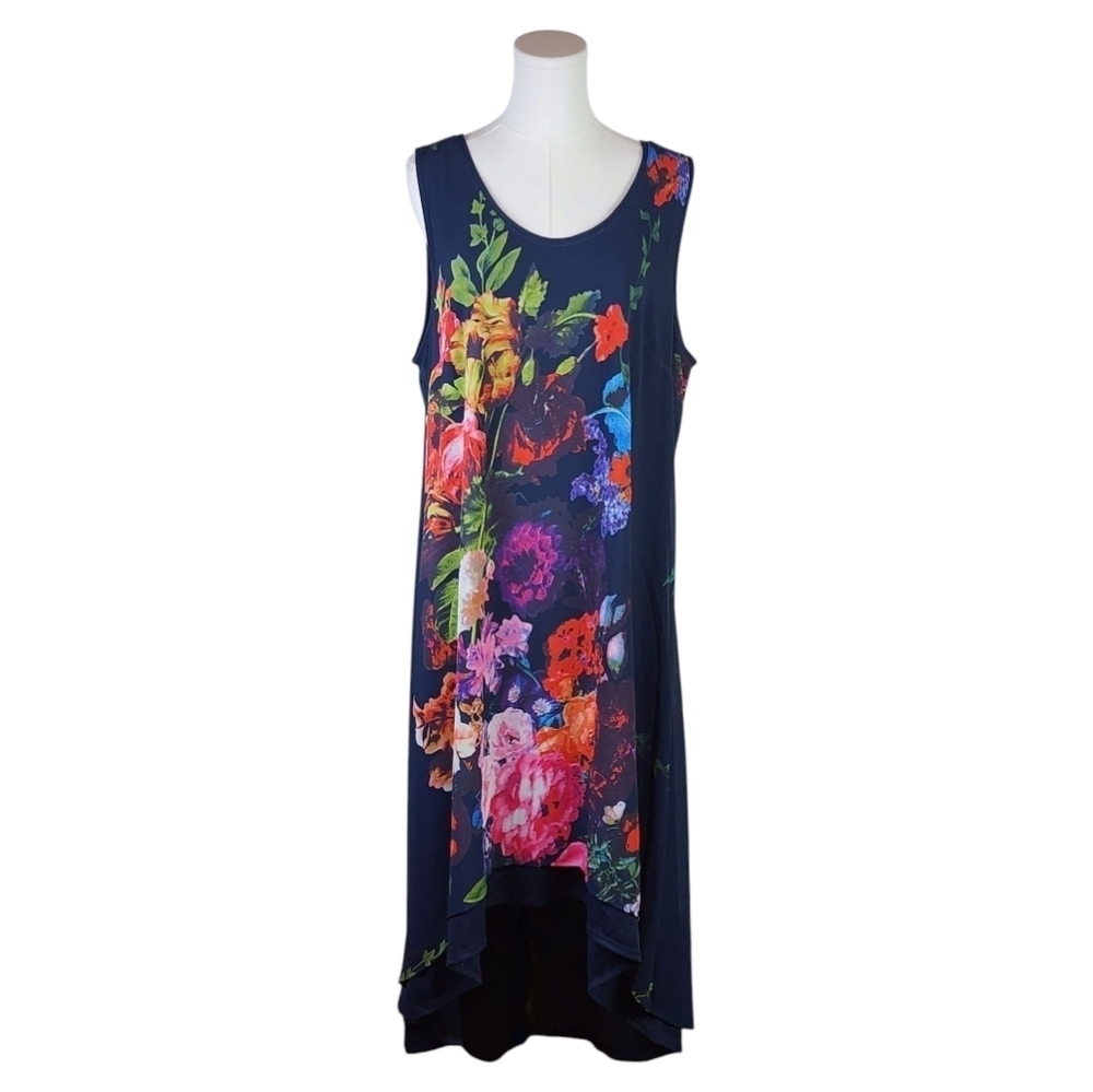 Marc Bouwer Navy Floral High Low Maxi Dress Sleeveless XL Bold Statement